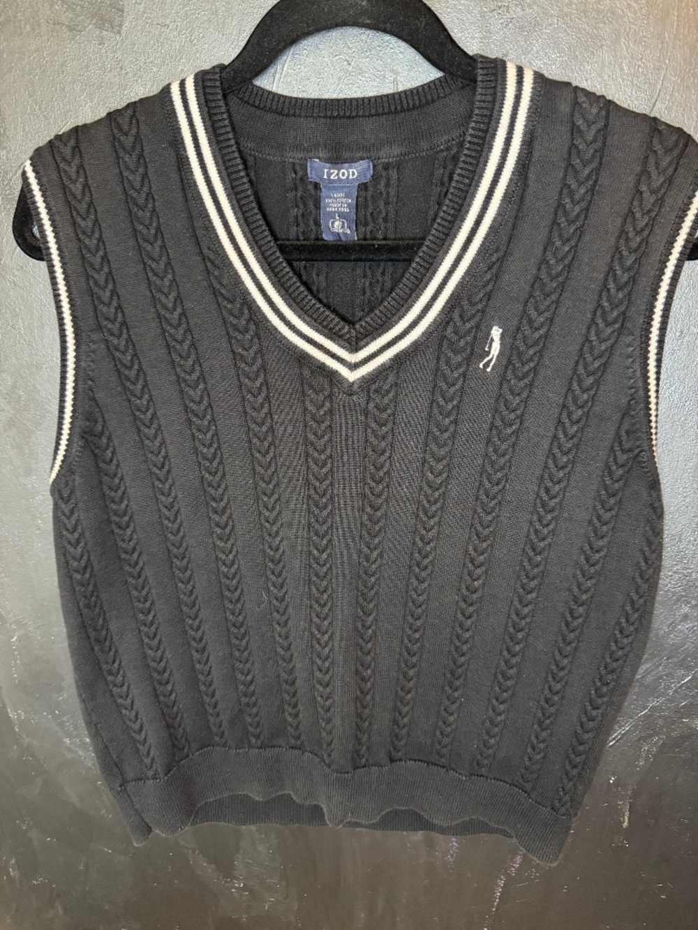 Vintage IZOD Golf Sweater Vest Cable Knit Black Women’s Large 100% Cotton